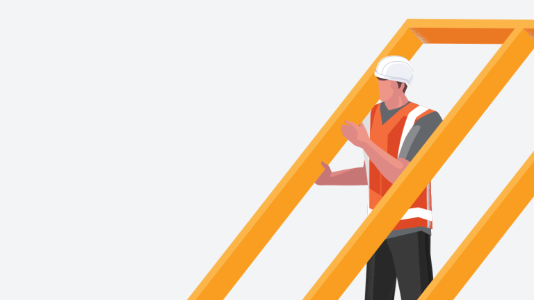 Illustration of construction workers raising a framed wall