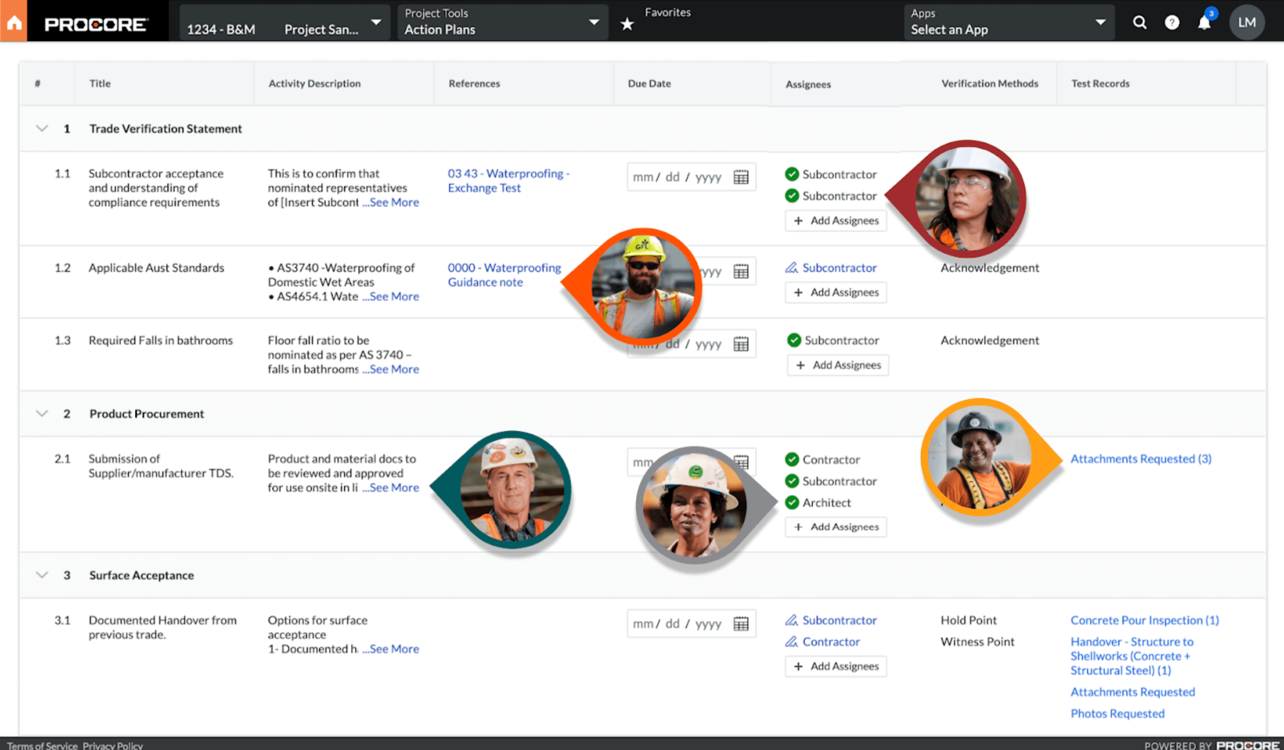 Procore UI with persona headshots illustrating a connected platform