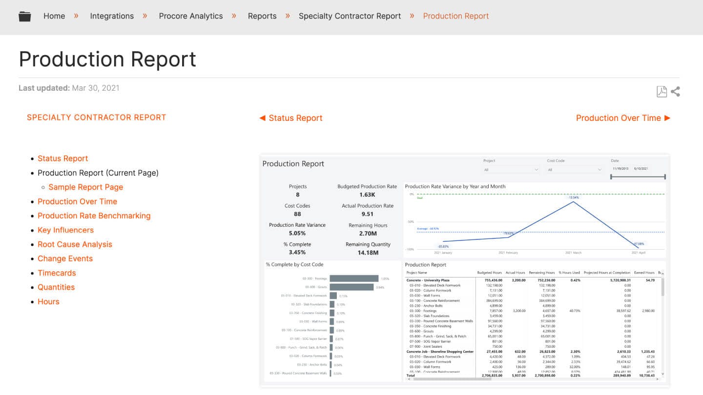 screen capture of production report on Procore
