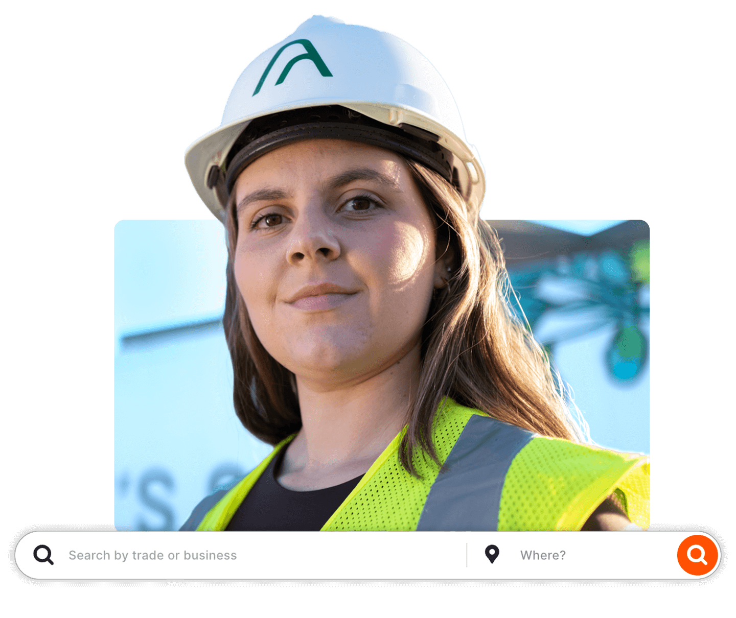 Woman construction worker with an overlap of Procore Network's search engine