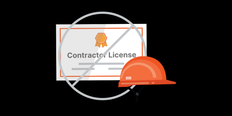 Illustration of contractor license and hard hat with interdictory circle over it.