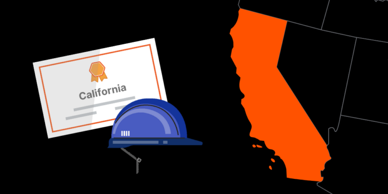 Illustration of California contractor license with hardhat and map of America with California highlighted
