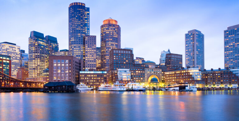 Aerial view of Boston, Massachusetts at dusk