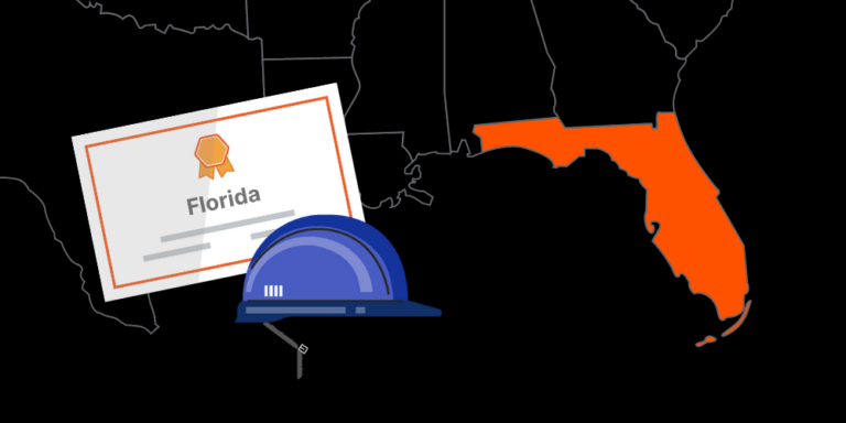 Illustration of Florida contractor license with hardhat and map of America with Florida highlighted