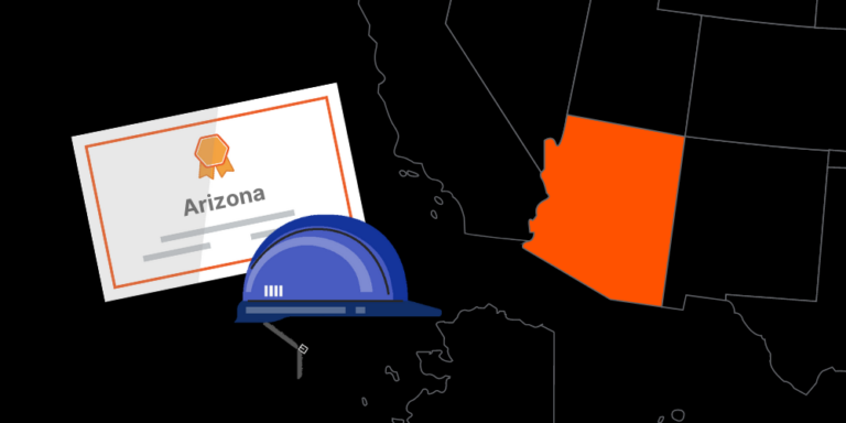 Illustration of Arizona contractor license with hardhat and map of America with Arizona highlighted