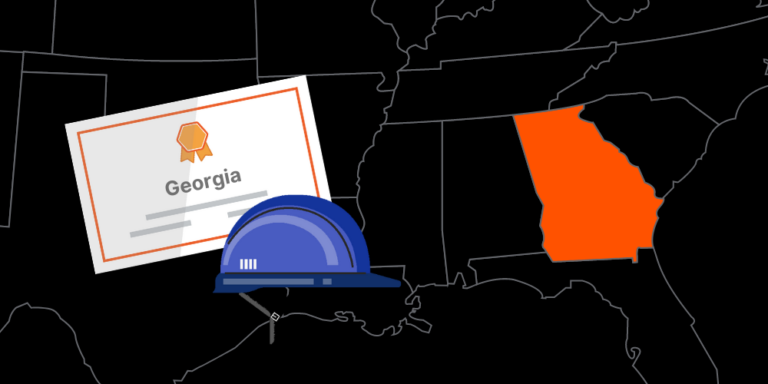Illustration of Georgia contractor license with hardhat and map of America with Georgia highlighted