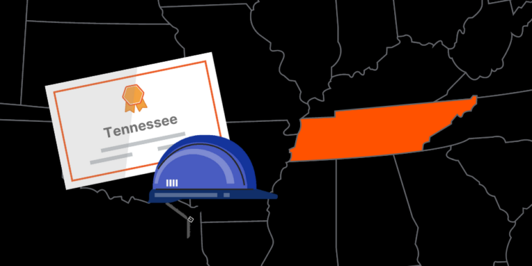 Illustration of Tennessee contractor license with hardhat and map of America with Tennessee highlighted