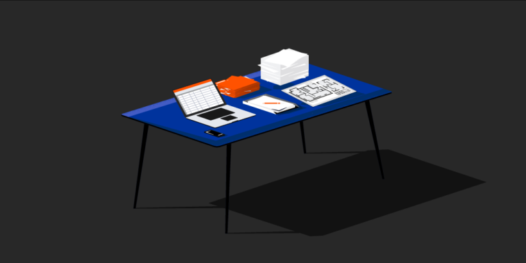 Illustration of construction financial tools and laptop on a desk