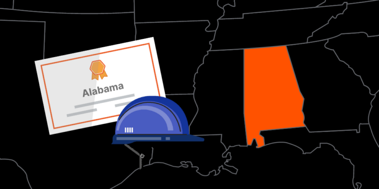 Illustration of Alabama contractor license with hardhat and map of America with Alabama highlighted