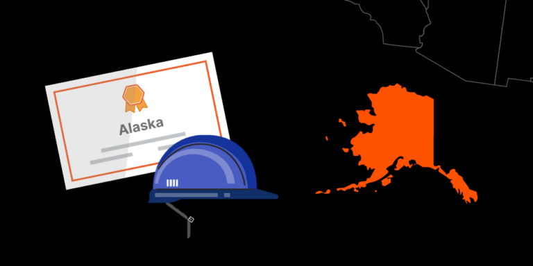 Illustration of Alaska contractor license with hardhat and map of America with Alaska highlighted