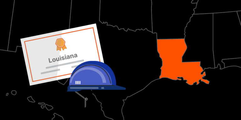 Illustration of Louisiana contractor license with hardhat and map of America with Louisiana highlighted