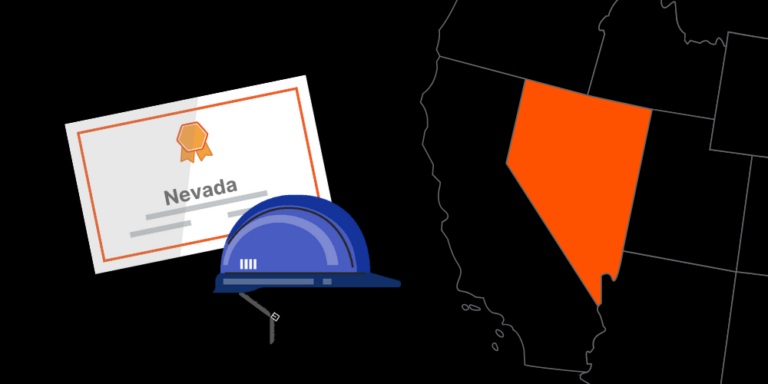Illustration of Nevada contractor license with hardhat and map of America with Nevada highlighted
