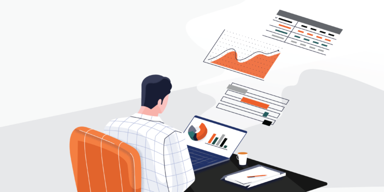 illustration of worker at desk with different charts to illustrate the idea of different KPIs