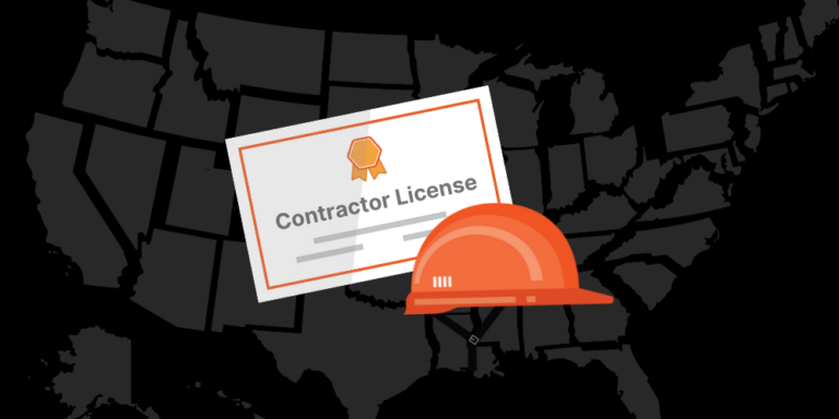 Illustration of contractor license with hardhat and map of America