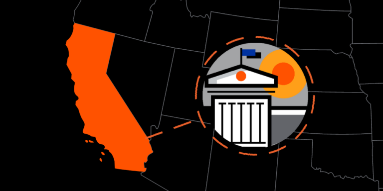Map of America with California highlighted and an illustration of a State government building
