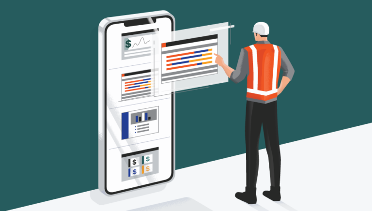 Illustration of contractor looking at payment schedule on human-size phone