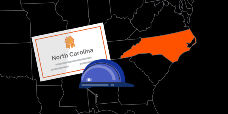 Illustration of North Carolina contractor license with hardhat and map of America with North Carolina highlighted