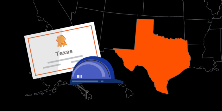 Illustration of Texas contractor license with hardhat and map of America with Texas highlighted