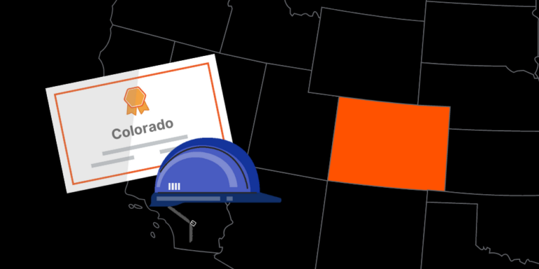 Illustration of Colorado contractor license with hardhat and map of America with Colorado highlighted