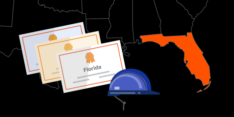 Illustration of different contractor licenses to show license reciprocity across states with map of Florida