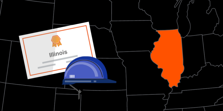 Illustration of Illinois contractor license with hardhat and map of America with Illinois highlighted