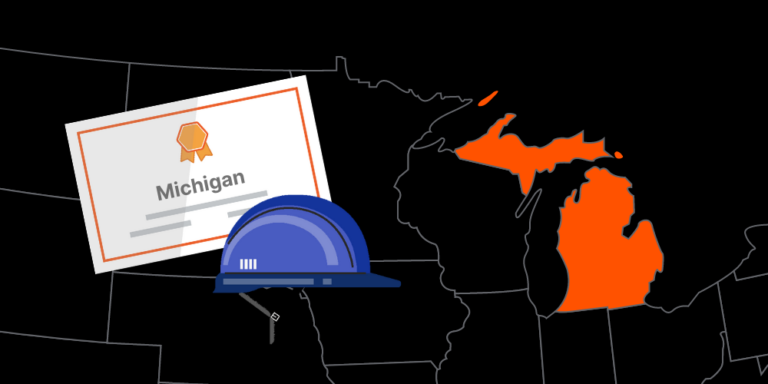 Illustration of Michigan contractor license with hardhat and map of America with Michigan highlighted