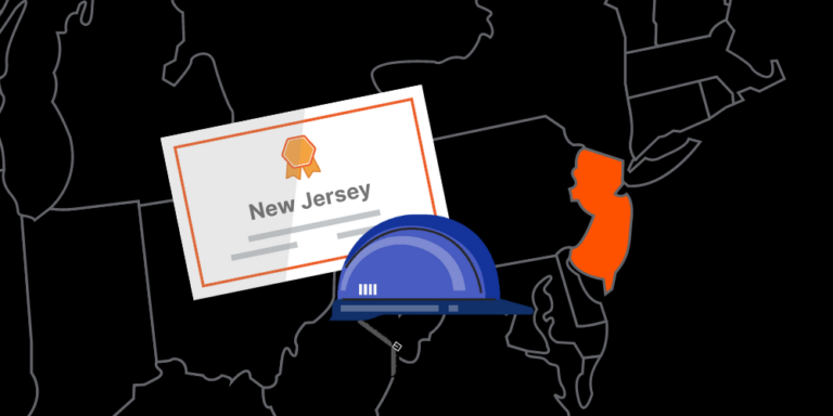 Illustration of New Jersey contractor license with hardhat and map of America with New Jersey highlighted