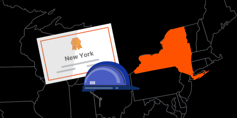 Illustration of New York contractor license with hardhat and map of America with New York highlighted