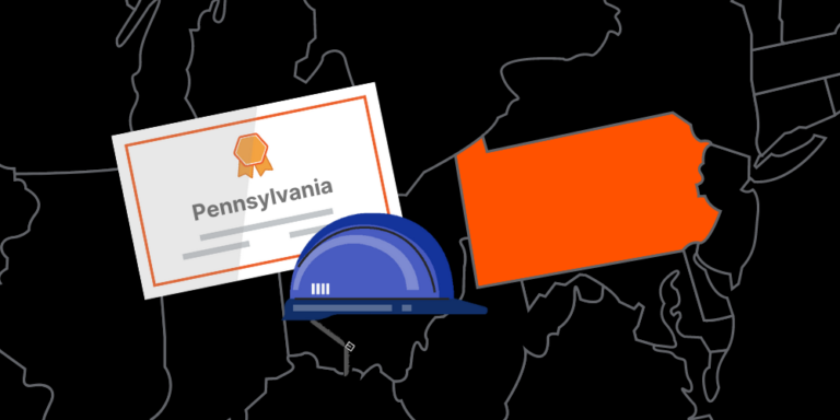 Illustration of Pennsylvania contractor license with hardhat and map of America with Pennsylvania highlighted