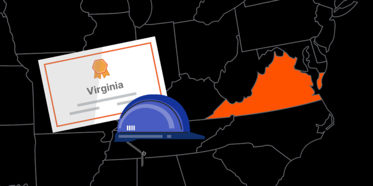 Illustration of Virginia contractor license with hardhat and map of America with Virginia highlighted