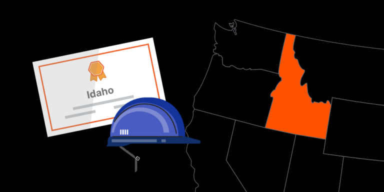 Illustration of Idaho contractor license with hardhat and map of America with Idaho highlighted