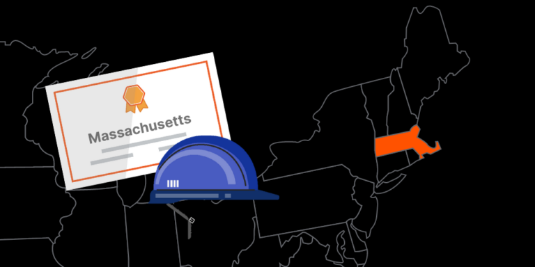 Illustration of Massachusetts contractor license with hardhat and map of America with Massachusetts highlighted