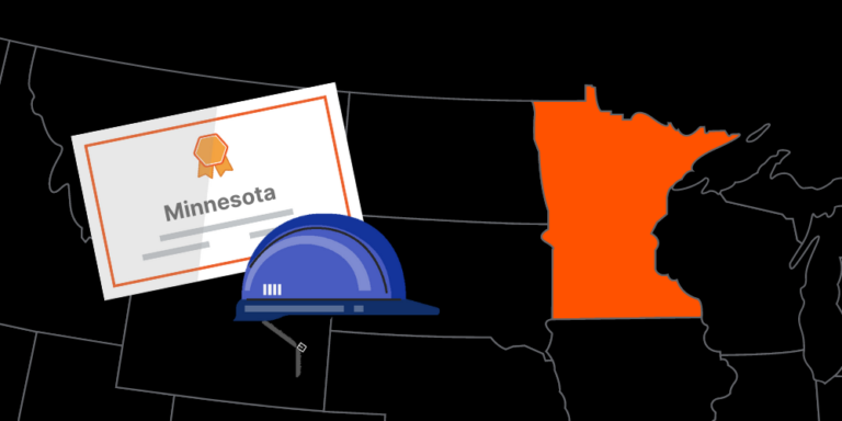 Illustration of Minnesota contractor license with hardhat and map of America with Minnesota highlighted