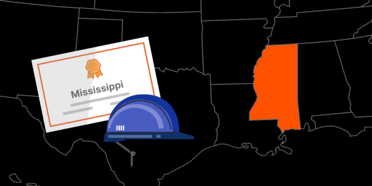 Illustration of Mississippi contractor license with hardhat and map of America with Mississippi highlighted
