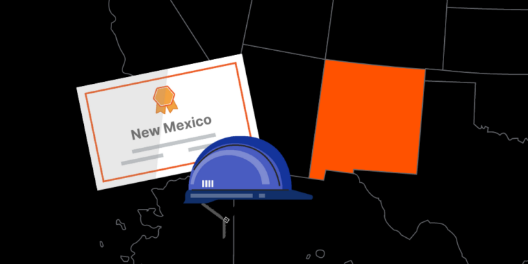 Illustration of New Mexico contractor license with hardhat and map of America with New Mexico highlighted