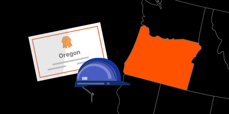 Illustration of Oregon contractor license with hardhat and map of America with Oregon highlighted