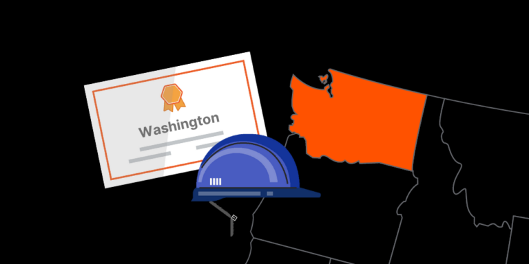 Illustration of Washington contractor license with hardhat and map of America with Washington state highlighted