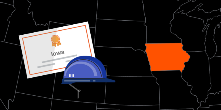 Illustration of Iowa contractor license with hardhat and map of America with Iowa highlighted