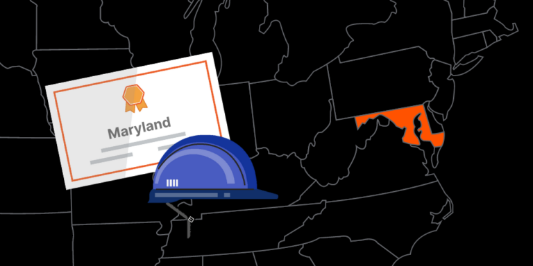 Illustration of Maryland contractor license with hardhat and map of America with Maryland highlighted