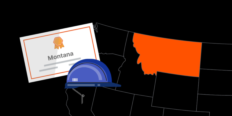 Illustration of Montana contractor license with hardhat and map of America with Montana highlighted