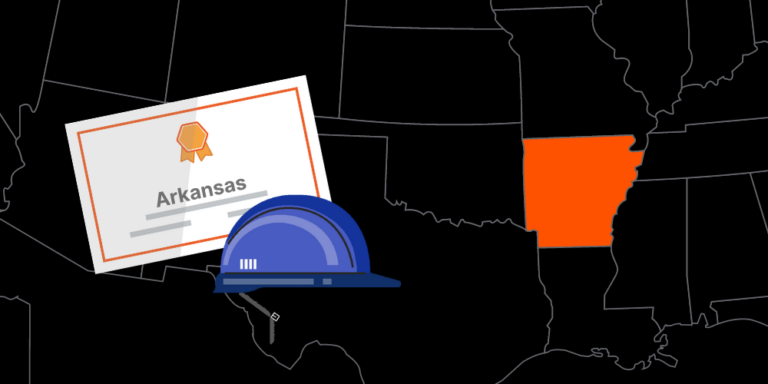 Illustration of Arkansas contractor license with hardhat and map of America with Arkansas highlighted