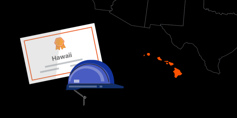 Illustration of Hawaii contractor license with hardhat and map of America with Hawaii highlighted