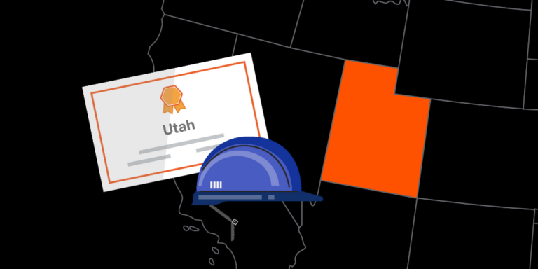 Illustration of Utah contractor license with hardhat and map of America with Utah highlighted