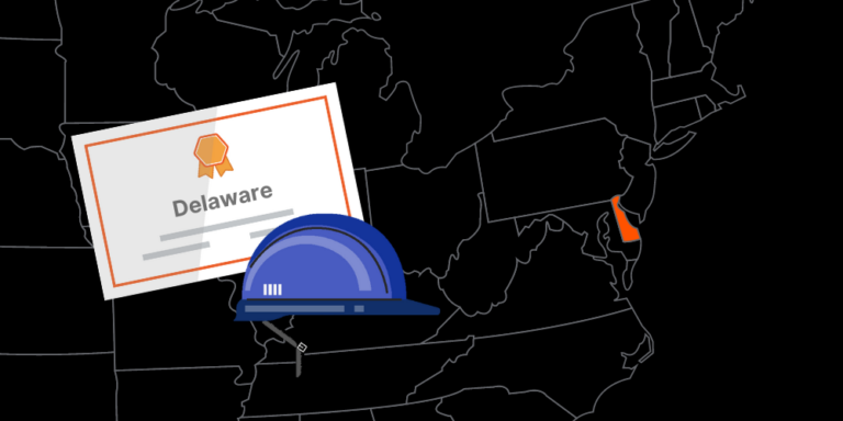 Illustration of Delaware contractor license with hardhat and map of America with Delaware highlighted