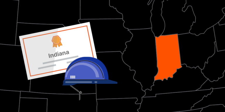 Illustration of Indiana contractor license with hardhat and map of America with Indiana highlighted