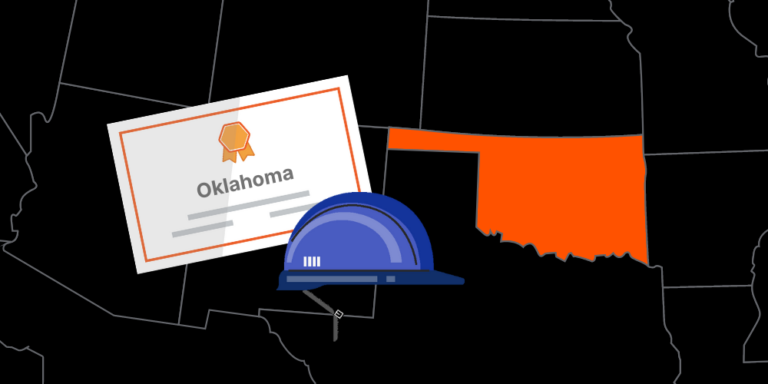 Illustration of Oklahoma contractor license with hardhat and map of America with Oklahoma highlighted