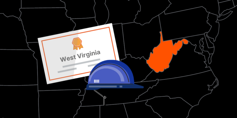 Illustration of West Virginia contractor license with hardhat and map of America with West Virginia highlighted