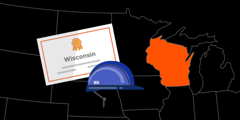 Illustration of Wisconsin contractor license with hardhat and map of America with Wisconsin highlighted