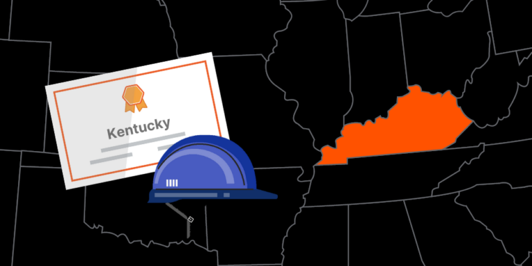 Illustration of Kentucky contractor license with hardhat and map of America with Kentucky highlighted