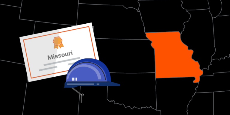 Illustration of Missouri contractor license with hardhat and map of America with Missouri highlighted